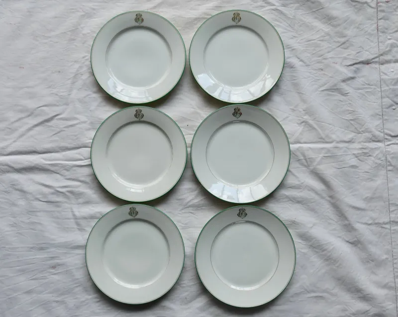 Pamono Antique Porcelain Dessert Plates with CB Monograms and Green and Gilt Borders from Limoges, 1960s, Set of 6> Dinner Plates & Bowls