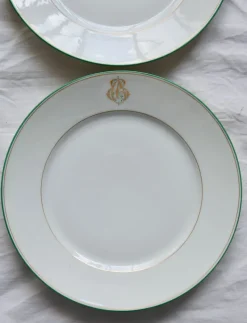 Pamono Antique Porcelain Dessert Plates with CB Monograms and Green and Gilt Borders from Limoges, 1960s, Set of 6><noscript><img width=