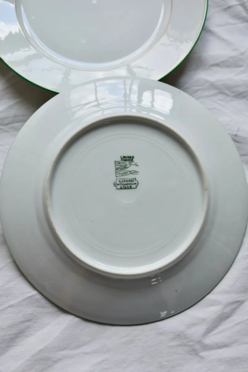 Pamono Antique Porcelain Dessert Plates with CB Monograms and Green and Gilt Borders from Limoges, 1960s, Set of 6> Dinner Plates & Bowls