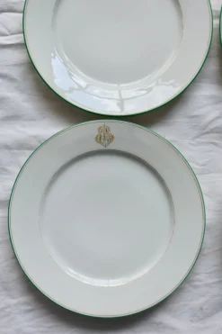 Pamono Antique Porcelain Dessert Plates with CB Monograms and Green and Gilt Borders from Limoges, 1960s, Set of 6><noscript><img width=
