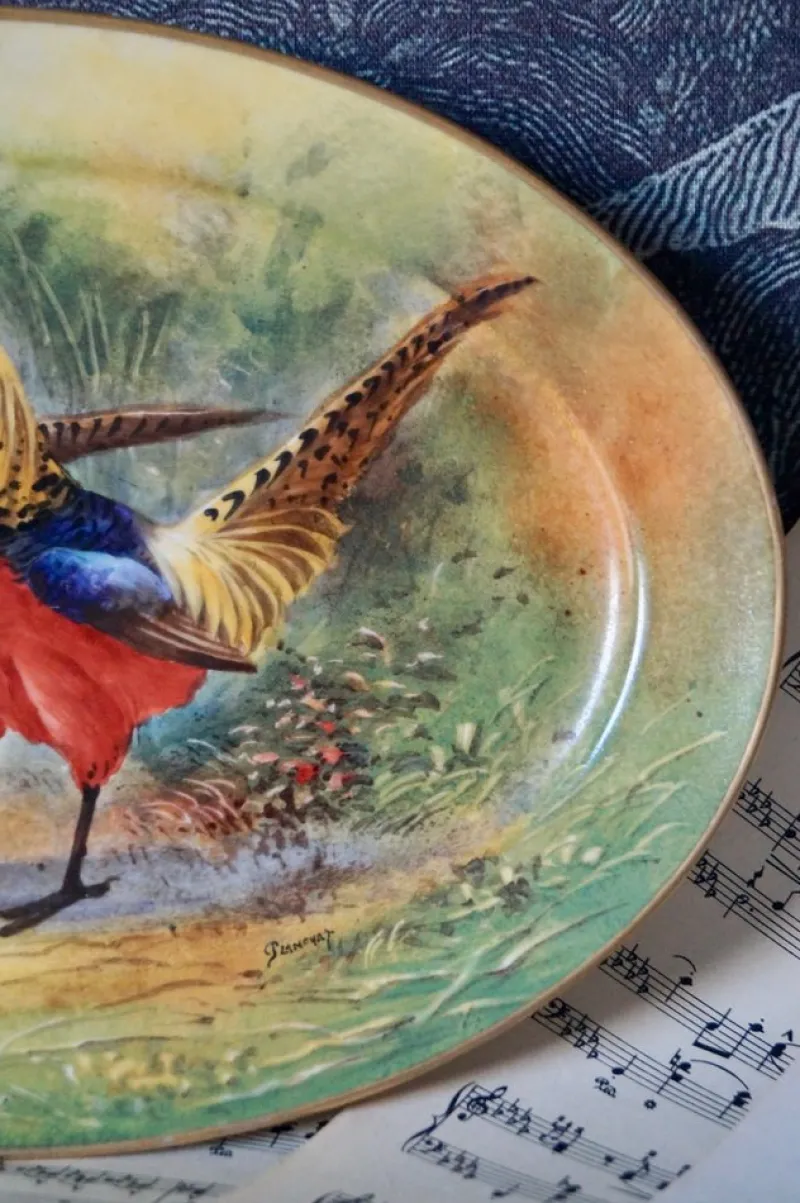 Pamono Antique Porcelain Hand-Painted Oval Serving Dish with Hunting Birds from Limoges> Serving Dishes