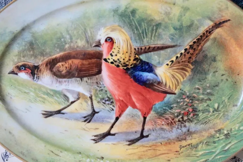 Pamono Antique Porcelain Hand-Painted Oval Serving Dish with Hunting Birds from Limoges> Serving Dishes