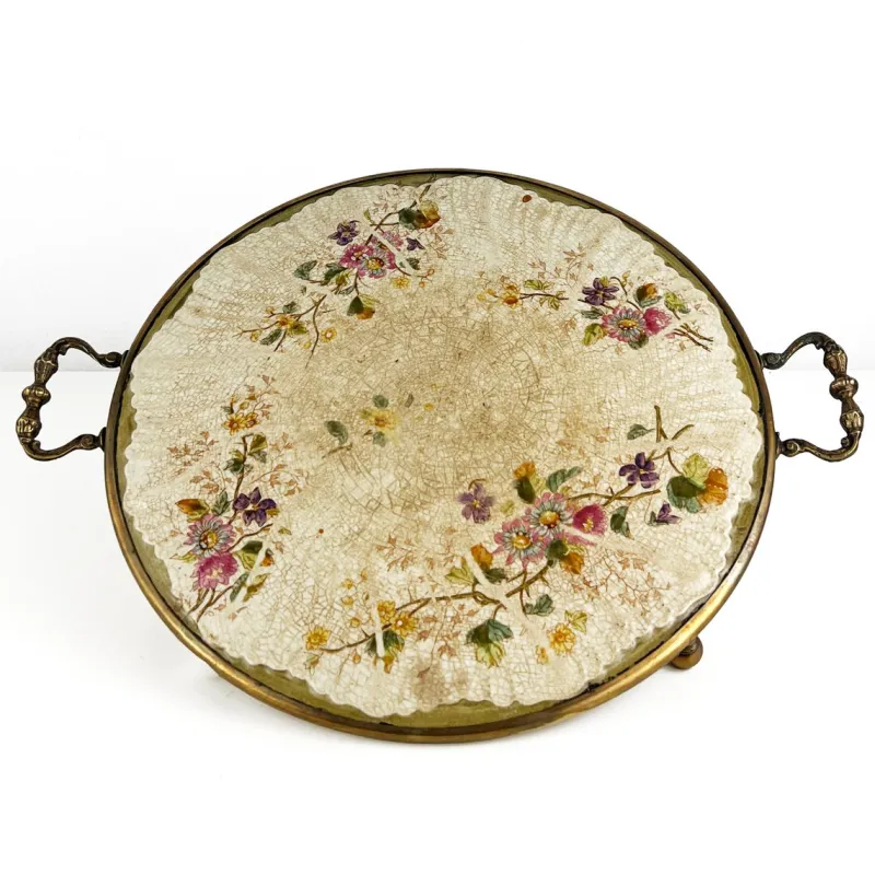 Sale Pamono Antique Porcelain Tray with Brass Frame, Handles and Feet, 1920s