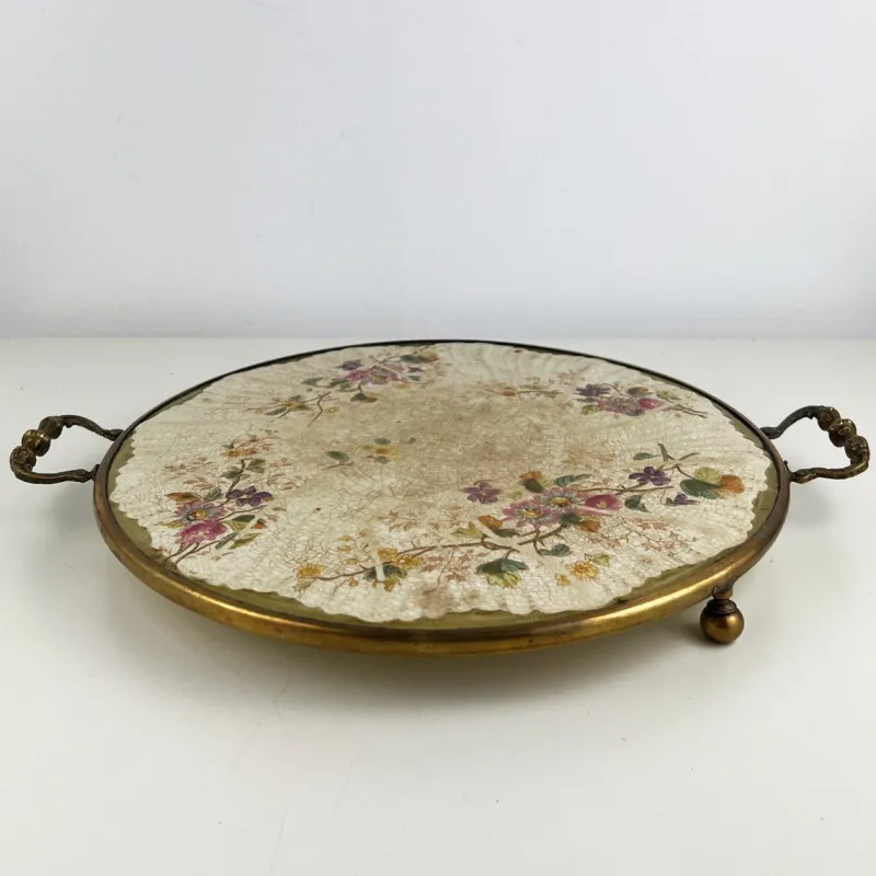 Sale Pamono Antique Porcelain Tray with Brass Frame, Handles and Feet, 1920s