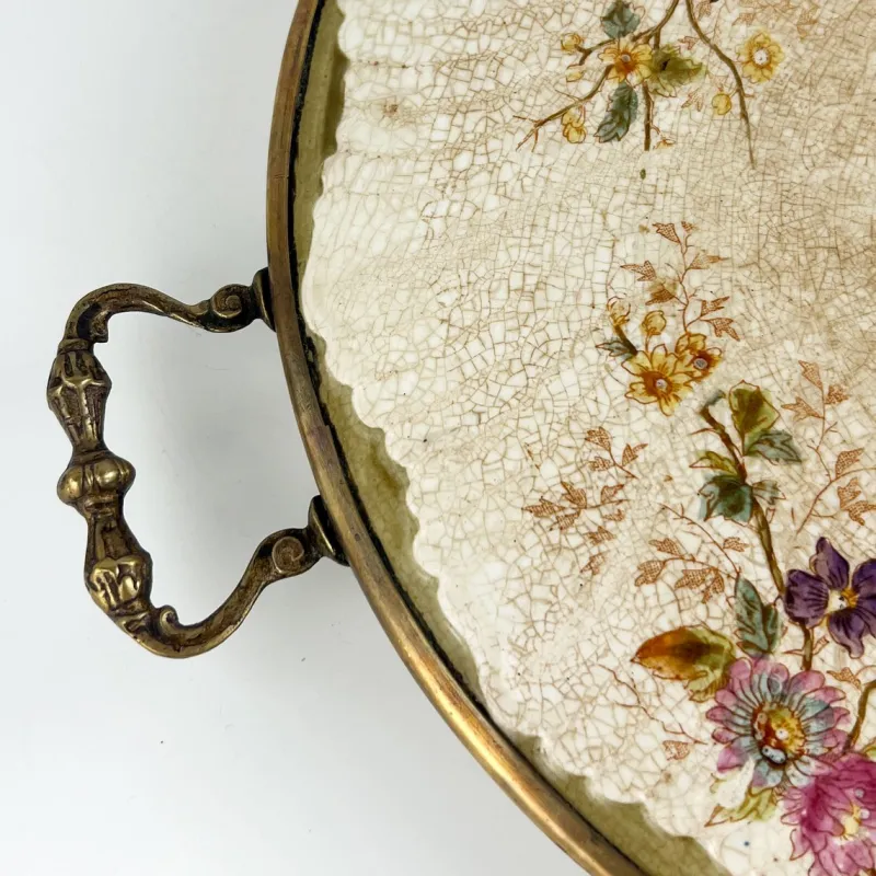 Sale Pamono Antique Porcelain Tray with Brass Frame, Handles and Feet, 1920s