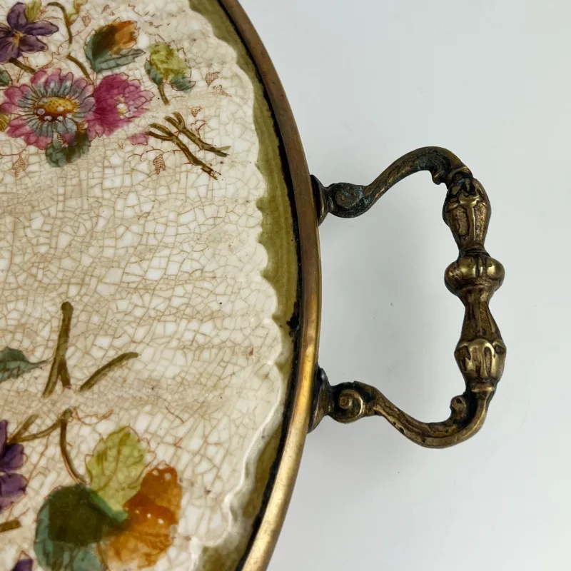 Sale Pamono Antique Porcelain Tray with Brass Frame, Handles and Feet, 1920s