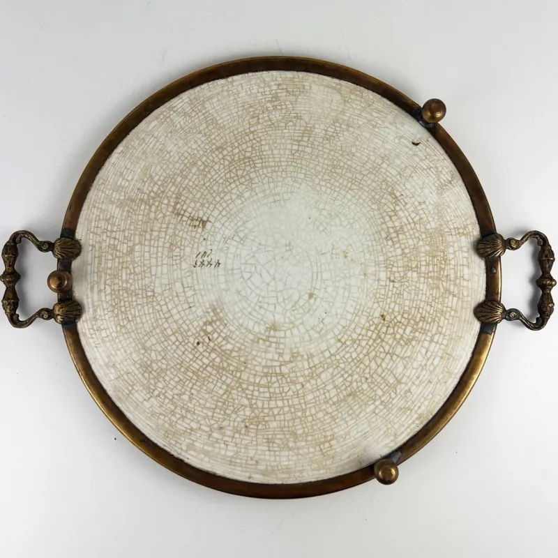 Sale Pamono Antique Porcelain Tray with Brass Frame, Handles and Feet, 1920s