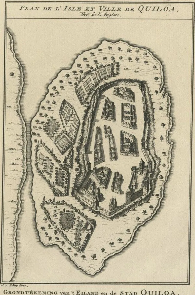 Best Pamono Antique Print of East African Island of Quiloa, Tanzania, 1749