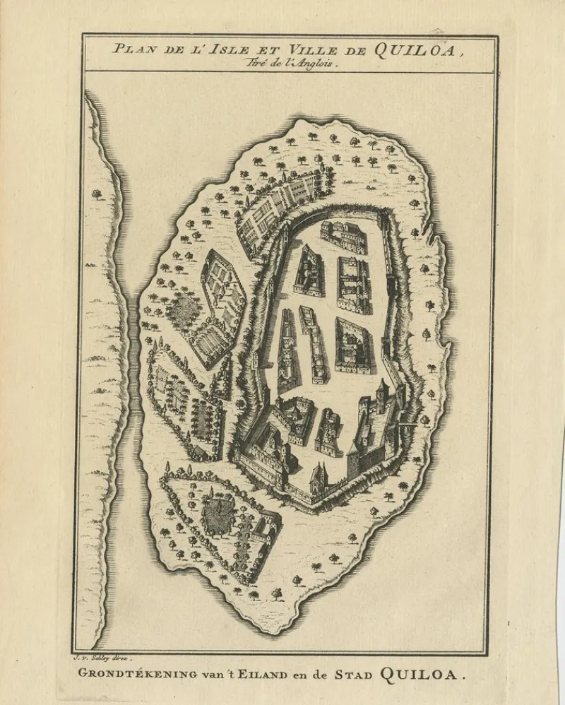 Best Pamono Antique Print of East African Island of Quiloa, Tanzania, 1749