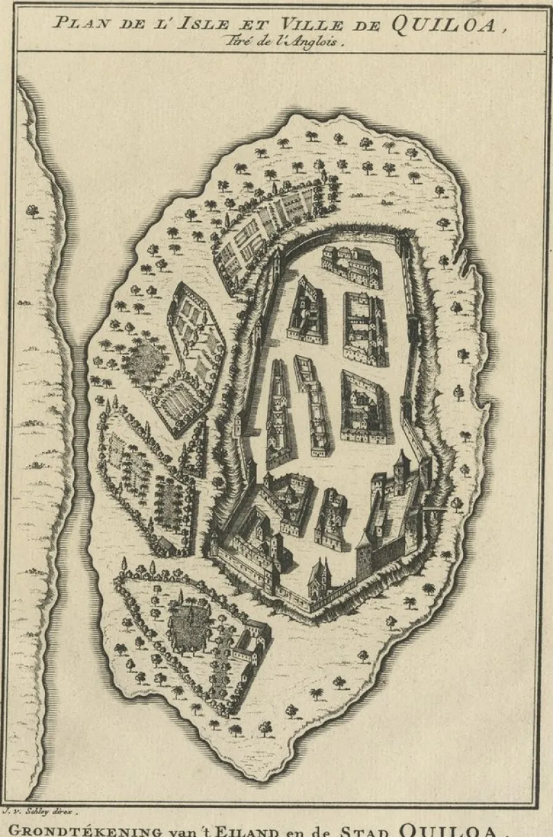 Best Pamono Antique Print of East African Island of Quiloa, Tanzania, 1749