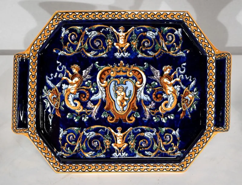Discount Pamono Antique Renaissance Style Tray and Vases in Gien Earthenware, Set of 3