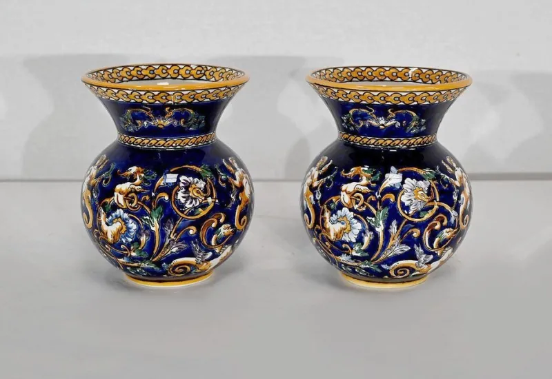Discount Pamono Antique Renaissance Style Tray and Vases in Gien Earthenware, Set of 3