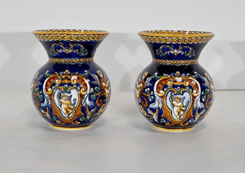 Discount Pamono Antique Renaissance Style Tray and Vases in Gien Earthenware, Set of 3