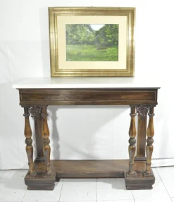 New Pamono Antique Rosewood Console Table with Brass Inlays and Carrara Marble Top, Mid-19th Century