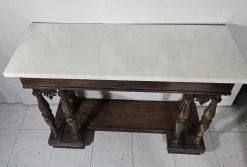 New Pamono Antique Rosewood Console Table with Brass Inlays and Carrara Marble Top, Mid-19th Century