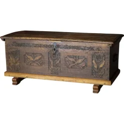 Pamono Antique Scandinavian Folk Art Oak Chest with Carved Panels, 1764> Dressers, Commodes & Chests