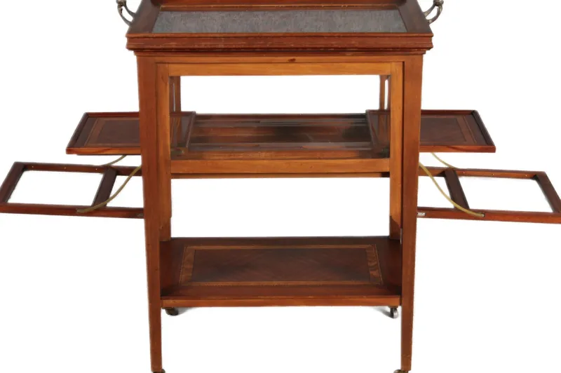 Pamono Antique Serving Trolley with Automatic Pull-Out Removable Tray in Mahoganyy 1900s> Serving Bar Carts & Trolleys