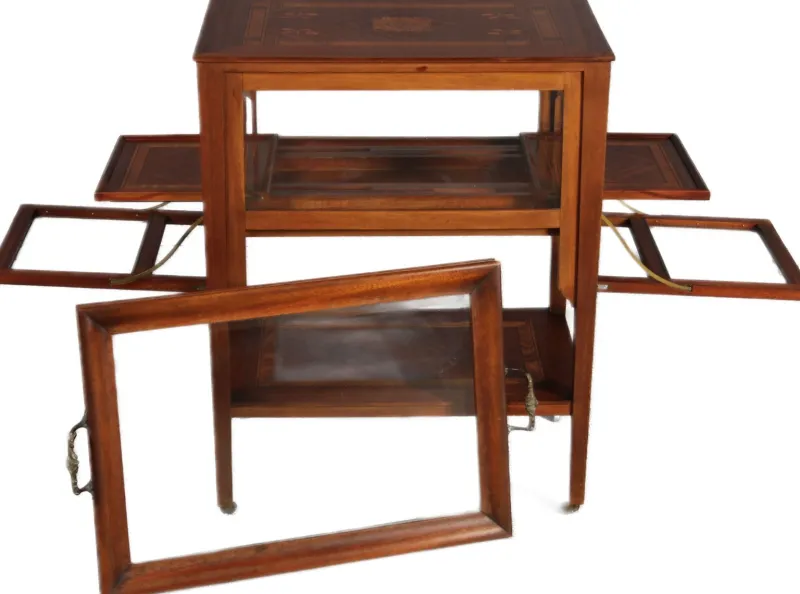 Pamono Antique Serving Trolley with Automatic Pull-Out Removable Tray in Mahoganyy 1900s> Serving Bar Carts & Trolleys