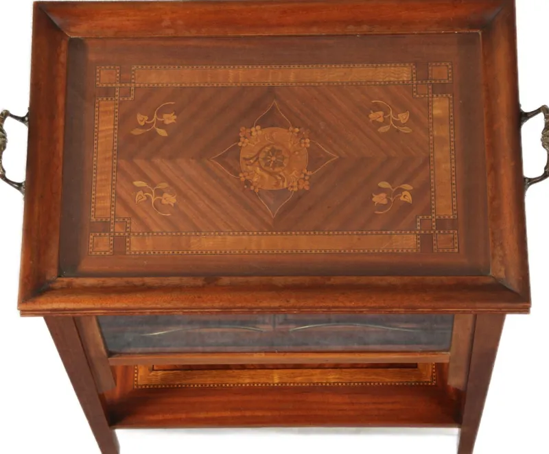 Pamono Antique Serving Trolley with Automatic Pull-Out Removable Tray in Mahoganyy 1900s> Serving Bar Carts & Trolleys