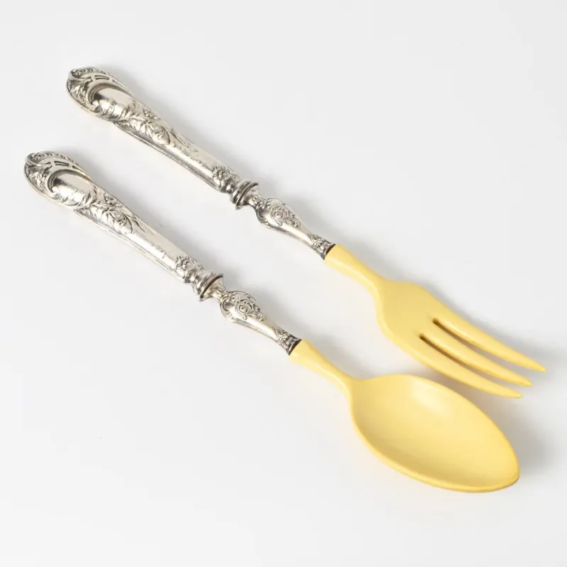 Pamono Antique Silver and Faux Ivory Salad Serving Set, 1890s, Set of 2> Cutlery & Serving Utensils