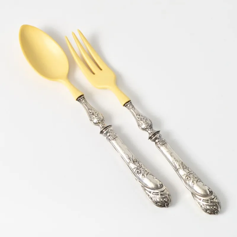 Pamono Antique Silver and Faux Ivory Salad Serving Set, 1890s, Set of 2> Cutlery & Serving Utensils