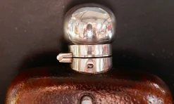 Best Pamono Antique Silver Plated Leather Bound Hip Flask by James Dixon & Sons, 1920s