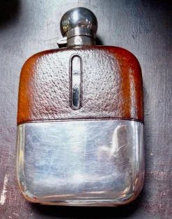 Best Pamono Antique Silver Plated Leather Bound Hip Flask by James Dixon & Sons, 1920s
