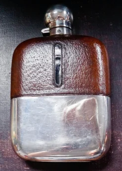 Best Pamono Antique Silver Plated Leather Bound Hip Flask by James Dixon & Sons, 1920s