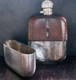 Best Pamono Antique Silver Plated Leather Bound Hip Flask by James Dixon & Sons, 1920s