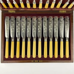 Pamono Antique Silver-Plated Fish Knifes and Forks for 12 from Sheffield, England, 1910s, Set of 24><noscript><img width=