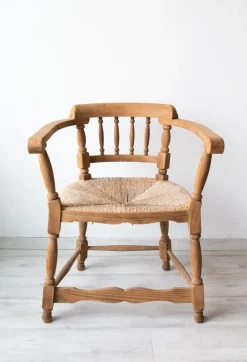 Pamono Antique Spanish Armchair, Natural Oak, Wicker Seat, 1890s> Lounge Chairs & Armchairs