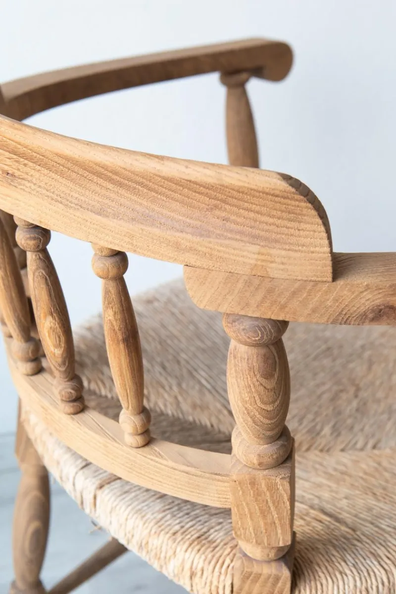 Pamono Antique Spanish Armchair, Natural Oak, Wicker Seat, 1890s> Lounge Chairs & Armchairs