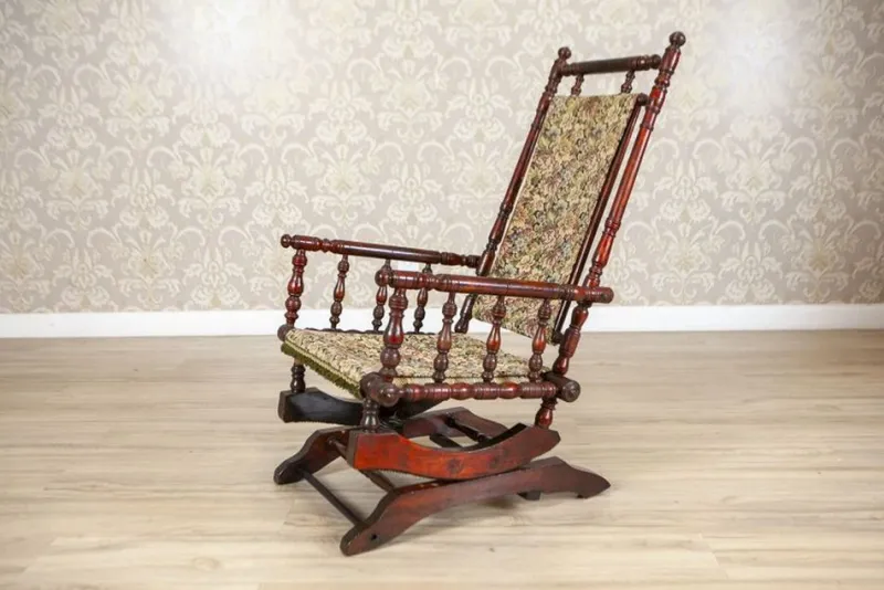 Clearance Pamono Antique Spring Rocking Chair in Floral Fabric, 1890s