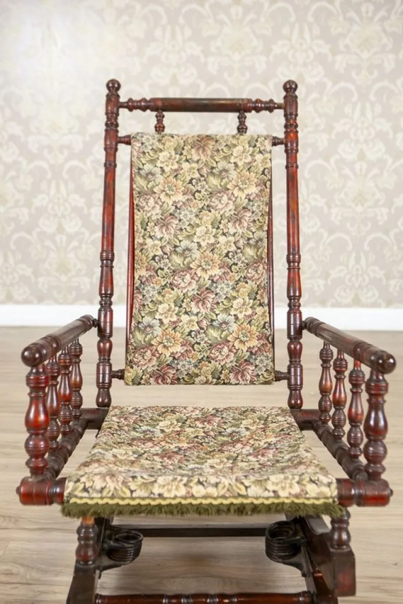 Clearance Pamono Antique Spring Rocking Chair in Floral Fabric, 1890s
