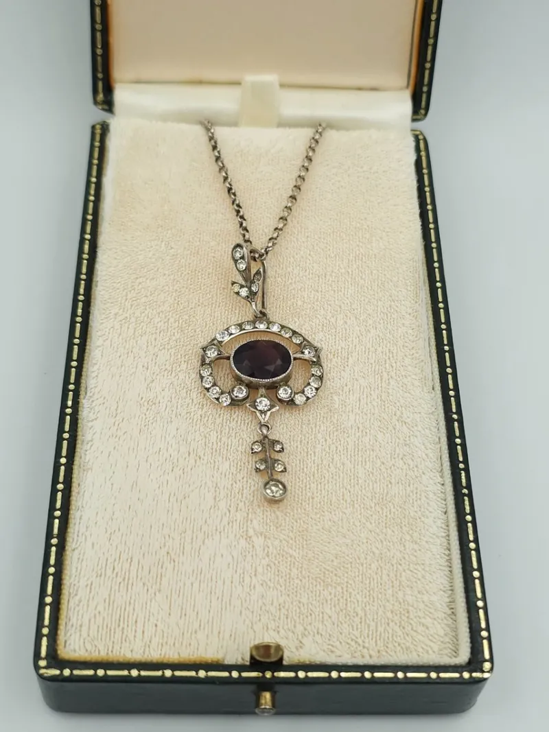 New Pamono Antique Sterling Silver Pendant with Crystals on Belcher Chain