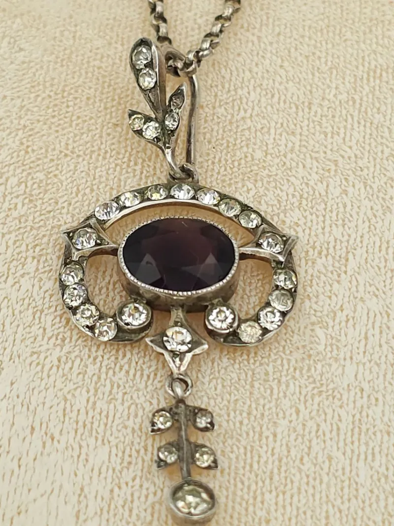 New Pamono Antique Sterling Silver Pendant with Crystals on Belcher Chain