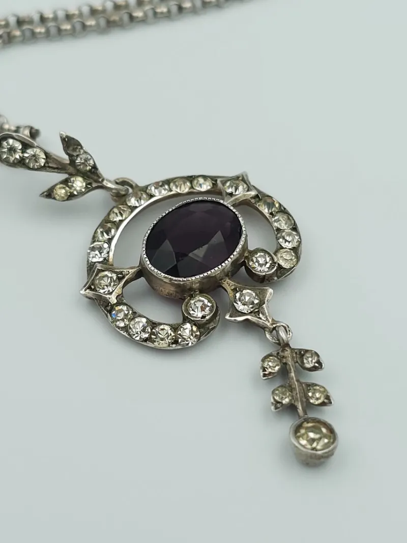 New Pamono Antique Sterling Silver Pendant with Crystals on Belcher Chain