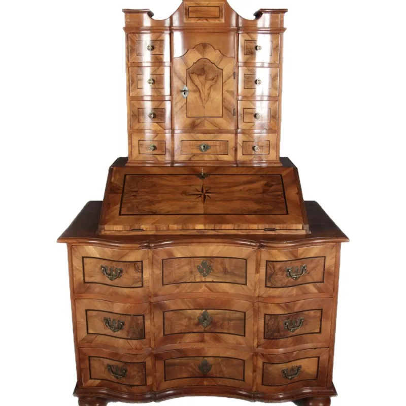 Pamono Antique 18th Century Baroque Tabernacle Secretary in Oak with Walnut Veneer, 1730s> Secretaires
