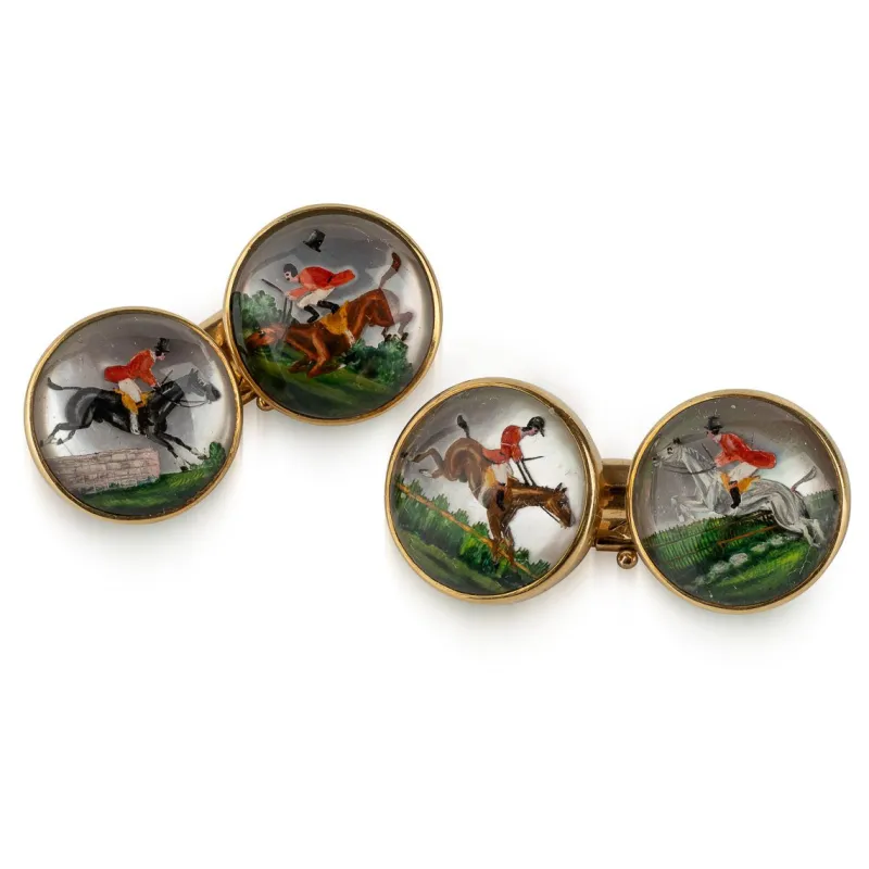 Pamono Antique 20th Century Edwardian Cased 18k Gold Showjumping Cufflinks, London, 1900, Set of 2> Cufflinks