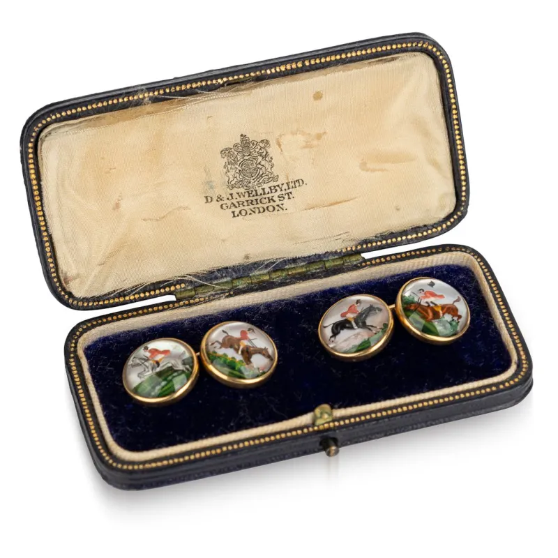 Pamono Antique 20th Century Edwardian Cased 18k Gold Showjumping Cufflinks, London, 1900, Set of 2> Cufflinks
