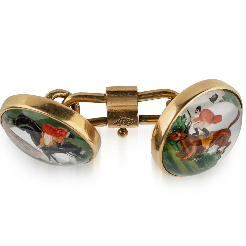 Pamono Antique 20th Century Edwardian Cased 18k Gold Showjumping Cufflinks, London, 1900, Set of 2> Cufflinks