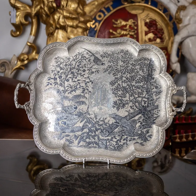Discount Pamono Antique 19th Century French Solid Silver and Niello Serving Tray, 1870s