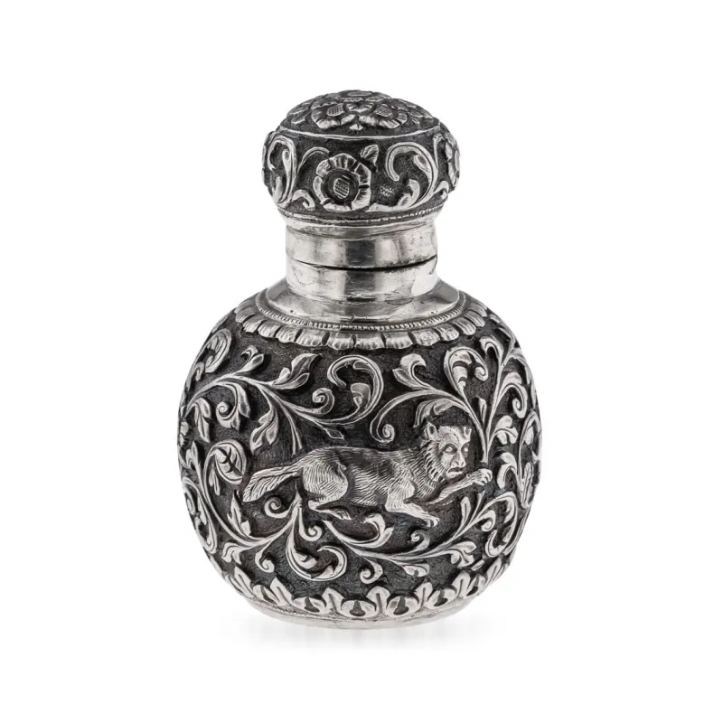 Pamono Antique 19th Century Indian Kutch Silver Scent Bottle by Oomersi Mawji, 1890s> Bottles, Carafes & Jugs