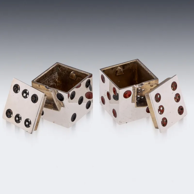 Pamono Antique 20th Century Scottish Silver & Enamel Dice Condiments from Hamilton & Inches., 1911, Set of 2> Salt & Pepper Shakers