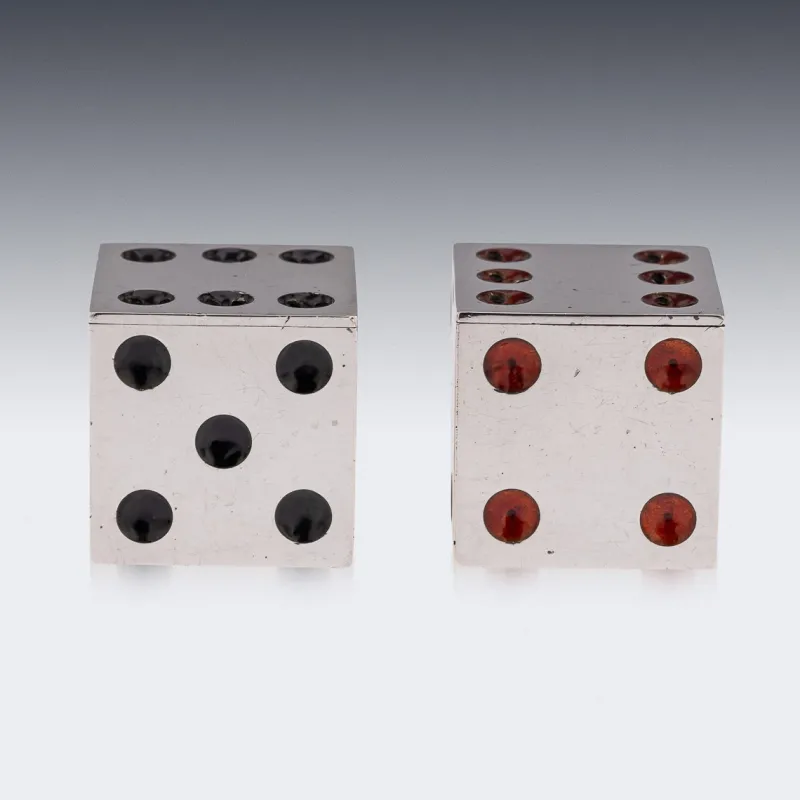 Pamono Antique 20th Century Scottish Silver & Enamel Dice Condiments from Hamilton & Inches., 1911, Set of 2> Salt & Pepper Shakers