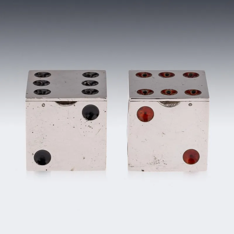Pamono Antique 20th Century Scottish Silver & Enamel Dice Condiments from Hamilton & Inches., 1911, Set of 2> Salt & Pepper Shakers