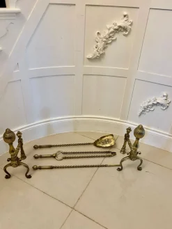 Hot Pamono Antique Victorian Brass Fire Irons and Dog, 1860