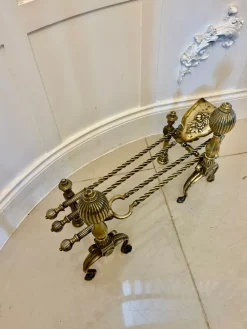 Hot Pamono Antique Victorian Brass Fire Irons and Dog, 1860