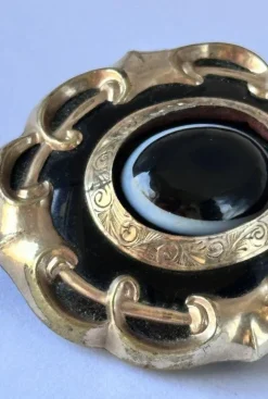 Pamono Antique Victorian Bulls Eye Agate Pinchbeck Mourning Brooch><noscript><img width=