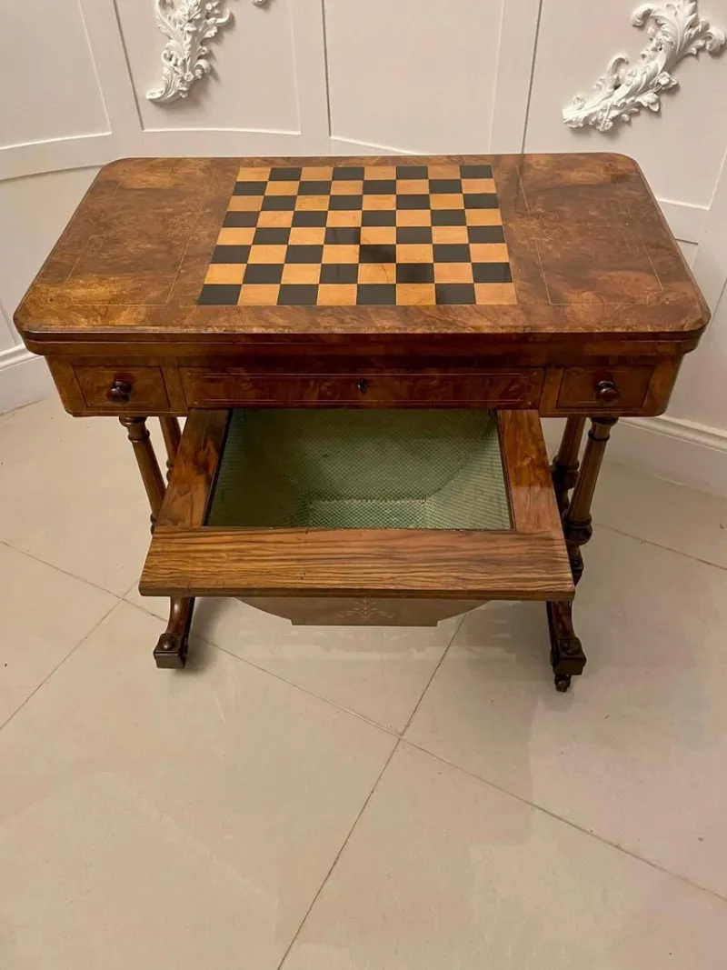 Pamono Antique Victorian Burr Walnut Inlaid Games Table> Game Tables